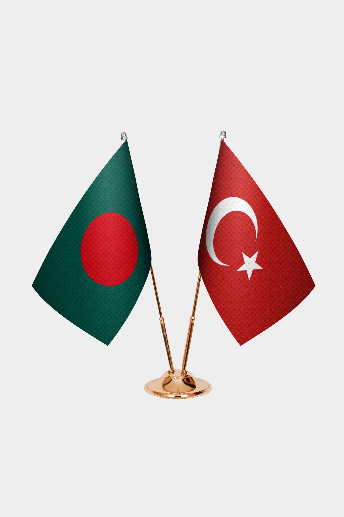 Bangladesh and Turkey desk flag set with gold pole and base