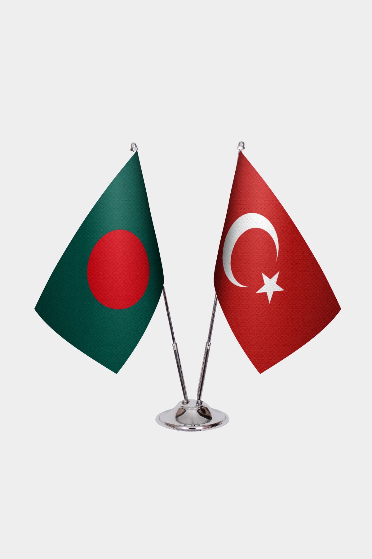 Bangladesh and Turkey desk flag set with chrome pole and base