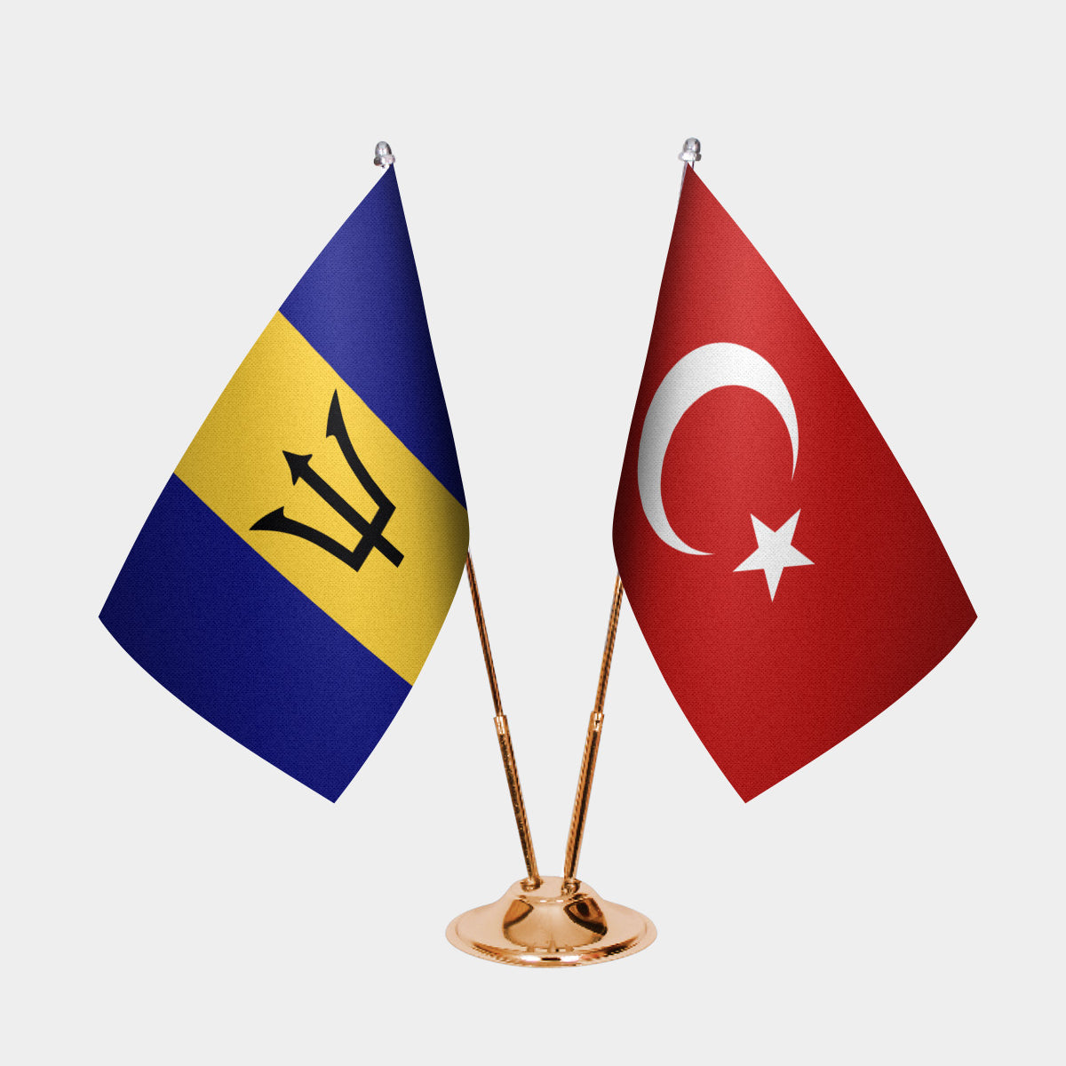 Barbados and Turkey desk flag set with gold pole and base