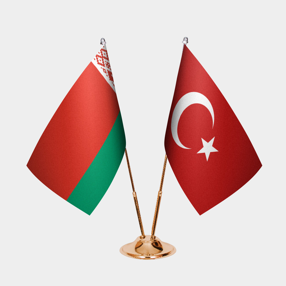Belarus and Turkey desk flag set with gold pole and base