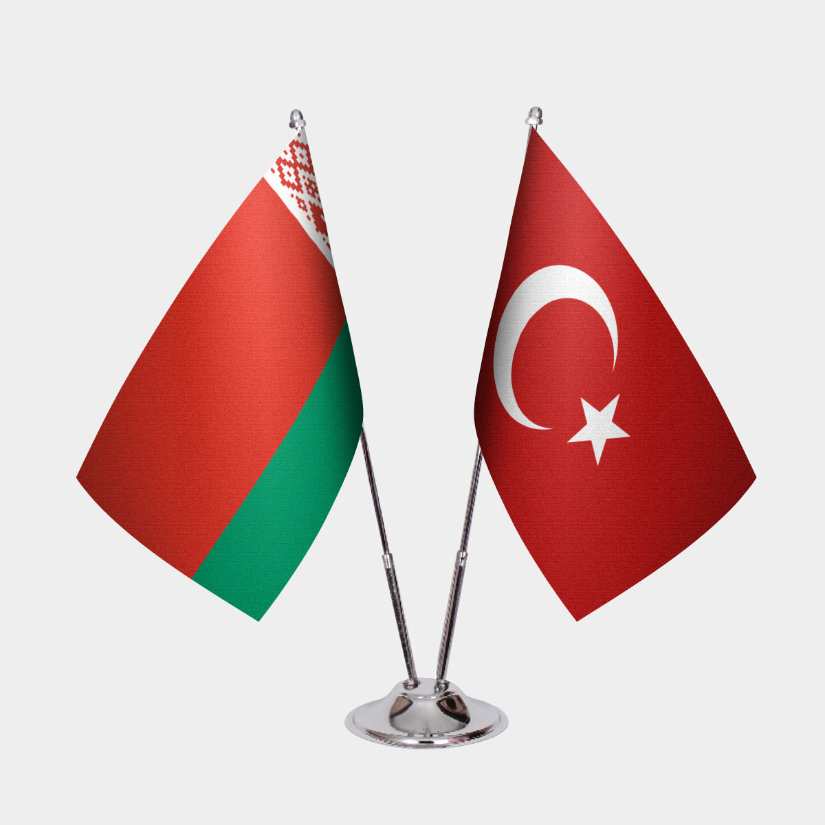 Belarus and Turkey desk flag set with chrome pole and base