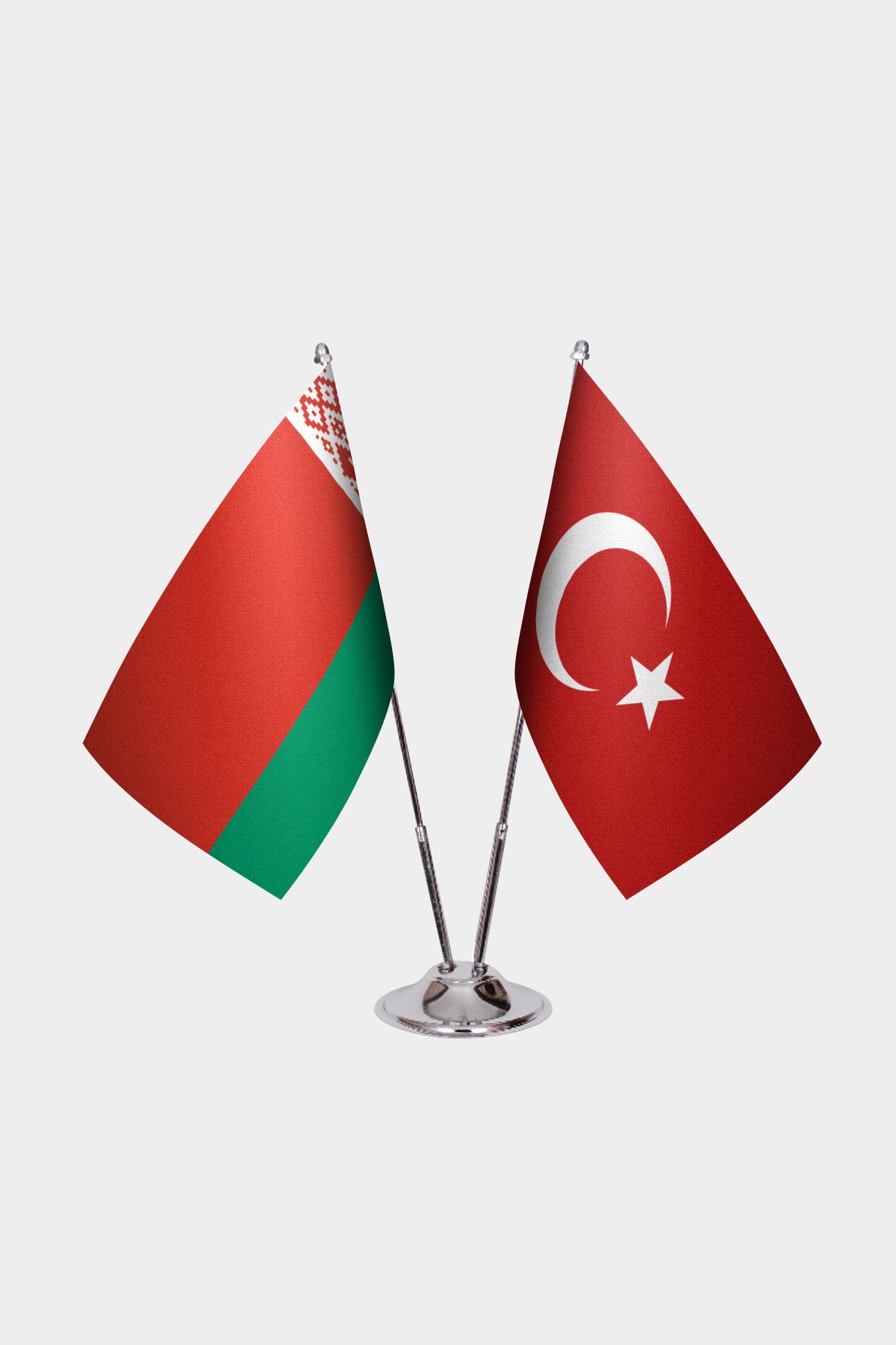 Belarus and Turkey desk flag set with chrome pole and base