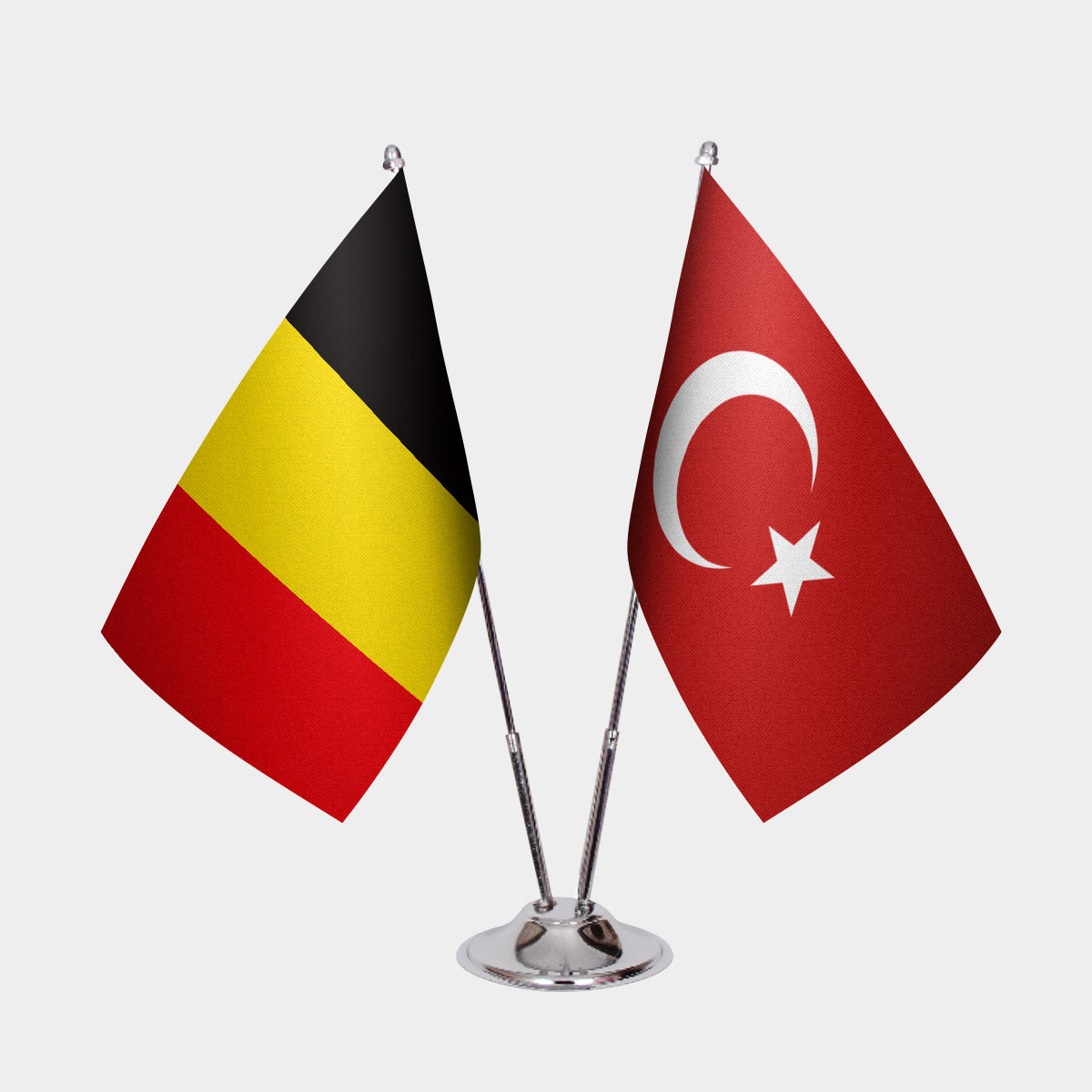Belgium and Turkey desk flag set with chrome pole and base