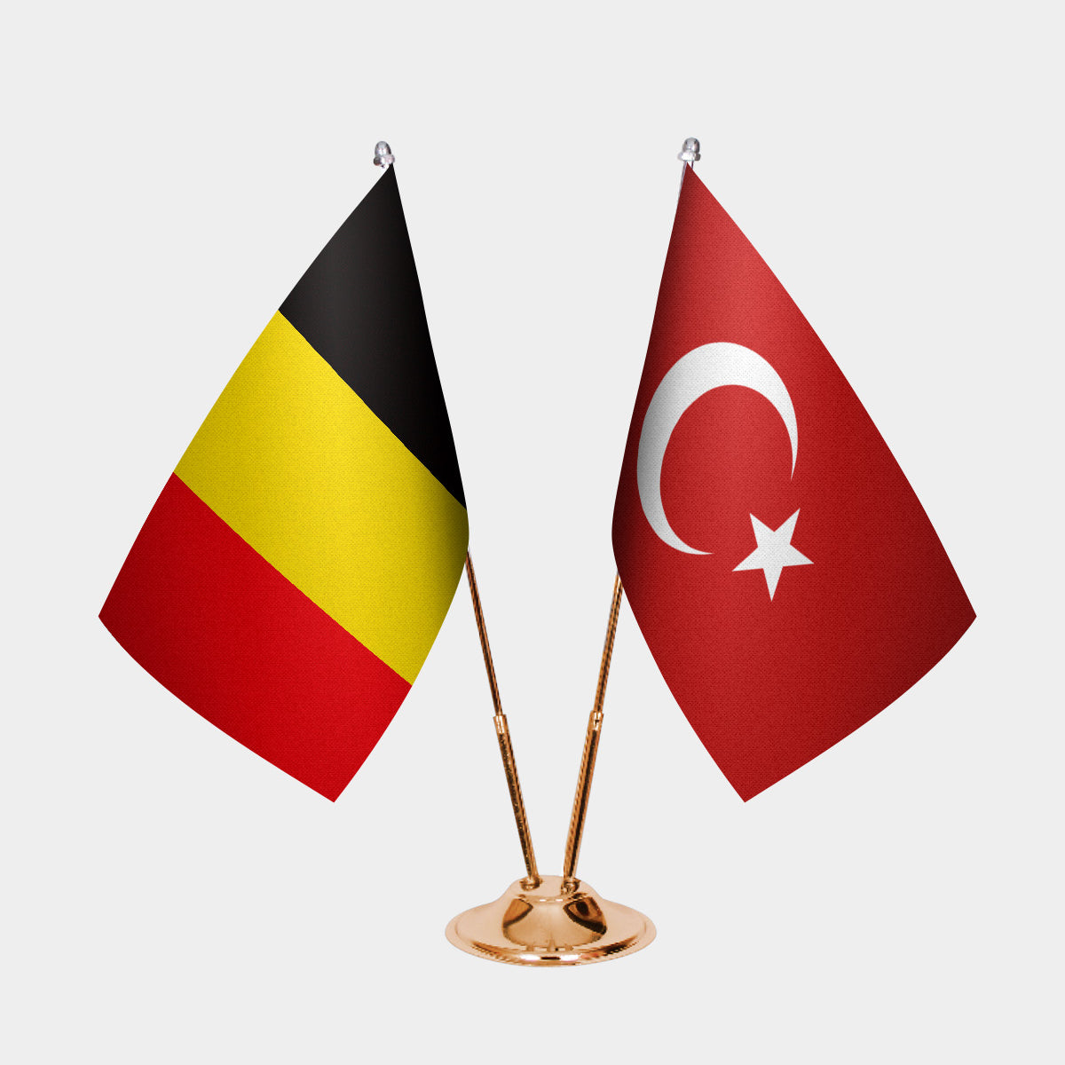 Belgium and Turkey desk flag set with gold pole and base