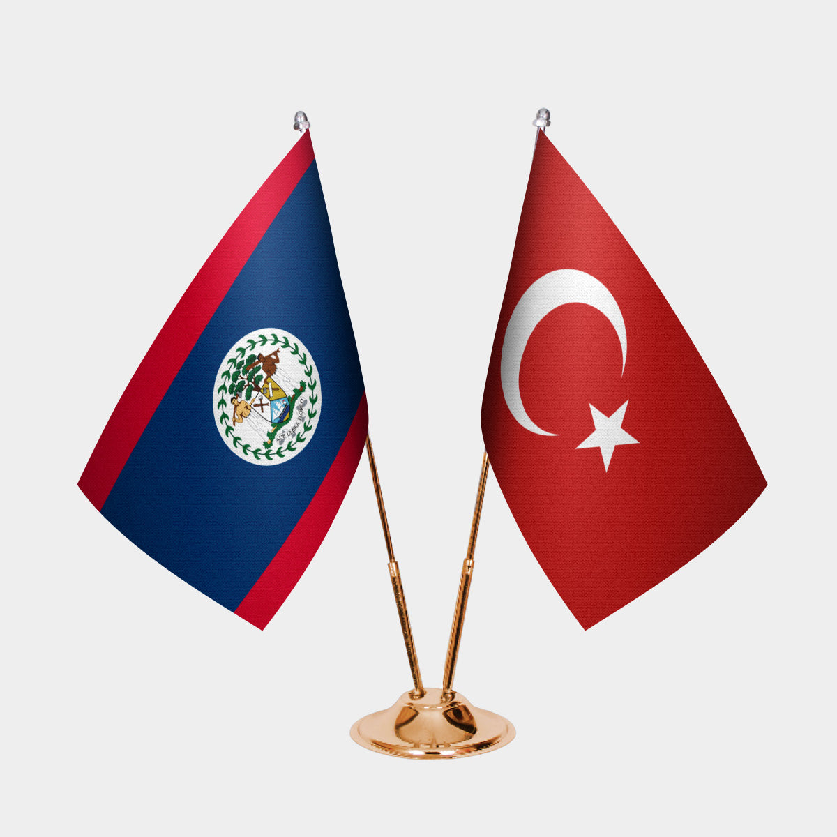 Belize and Turkey desk flag set with gold pole and base