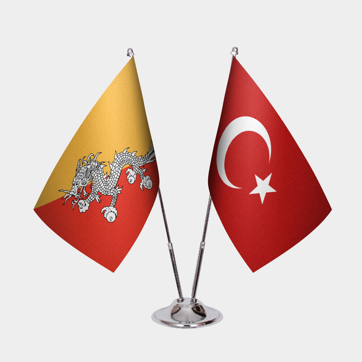 Bhutan and Turkey desk flag set with chrome pole and base