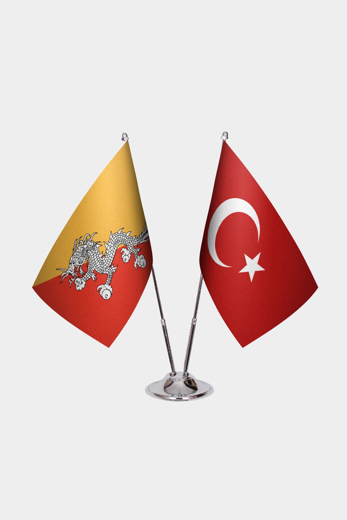 Bhutan and Turkey desk flag set with chrome pole and base