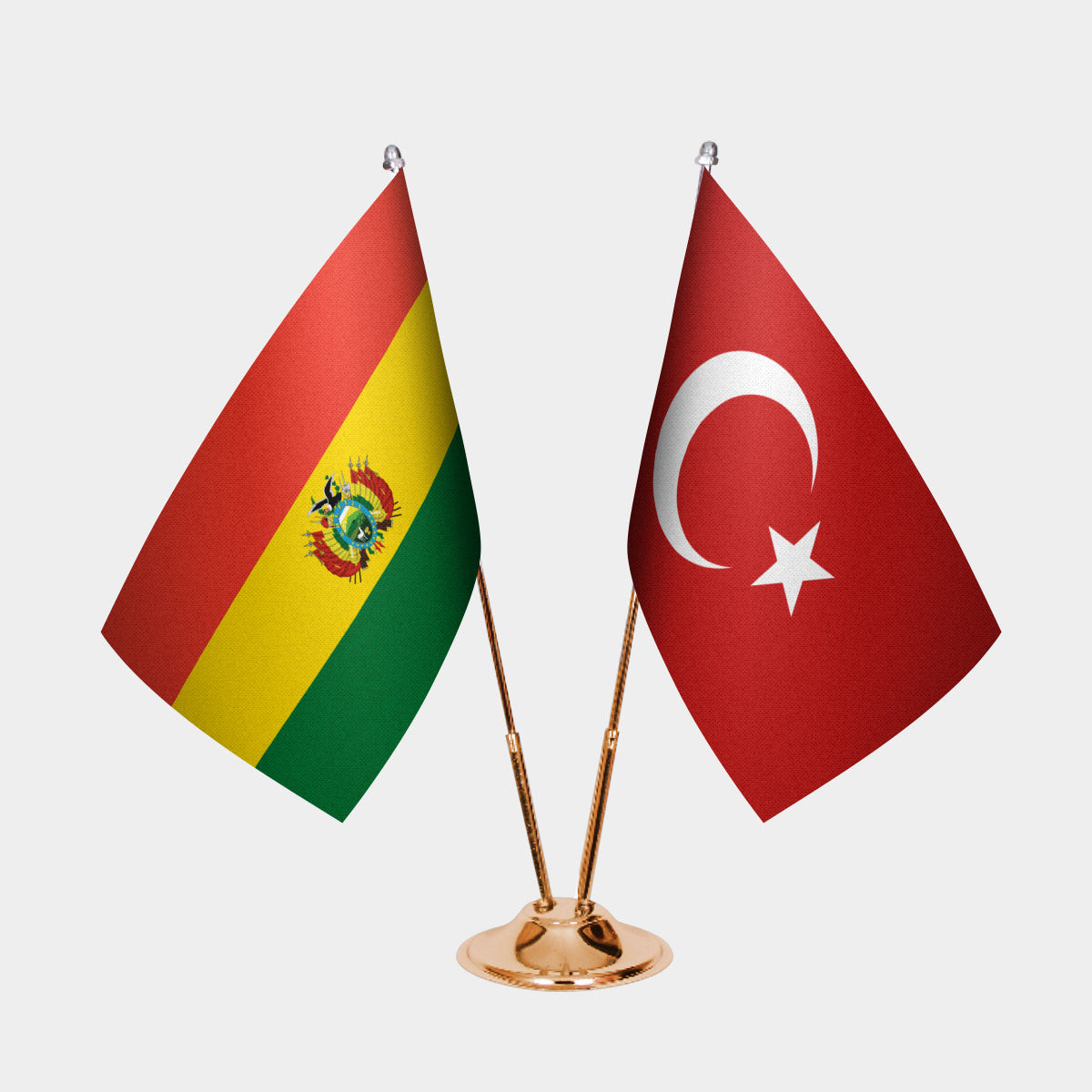 Bolivia and Turkey desk flag set with gold pole and base