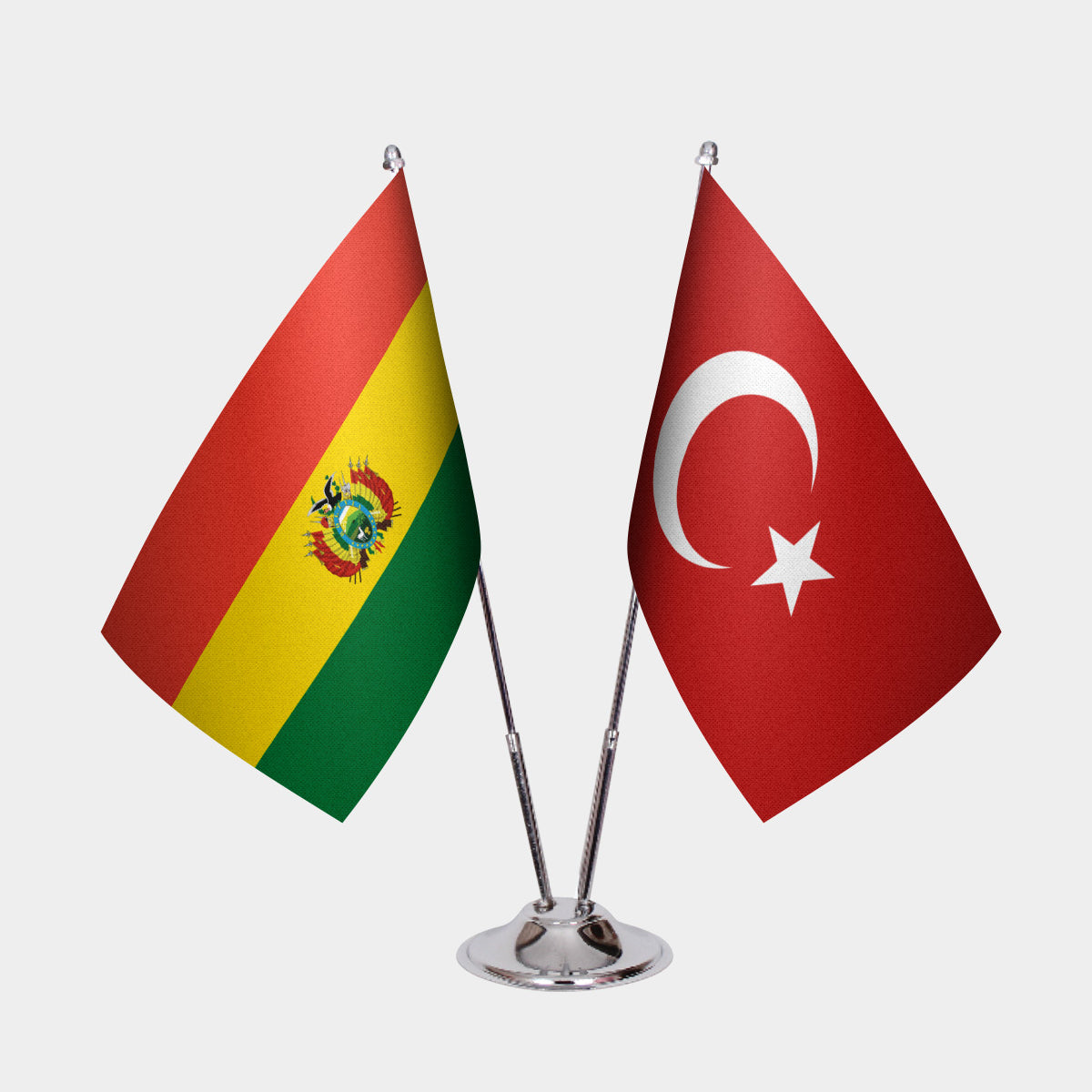 Bolivia and Turkey desk flag set with chrome pole and base