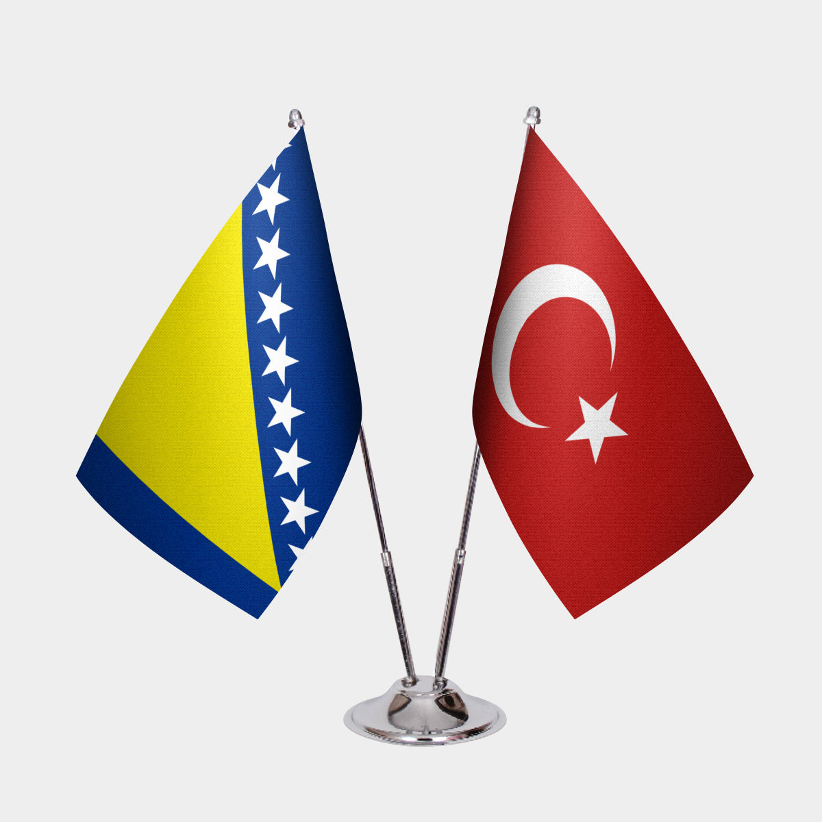 Bosnia and Herzegovina and Turkey desk flag set with chrome pole and base