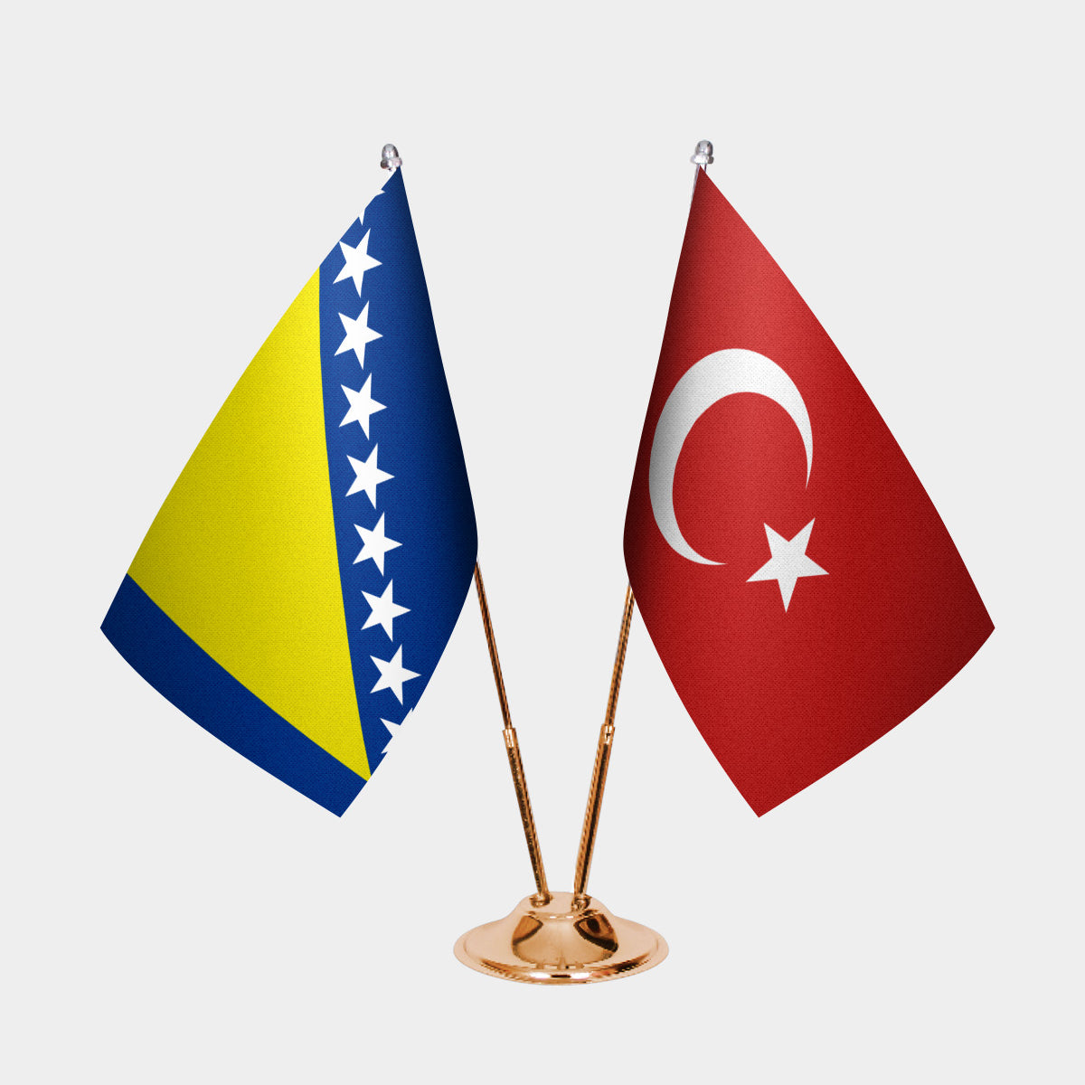 Bosnia and Herzegovina and Turkey desk flag set with gold pole and base