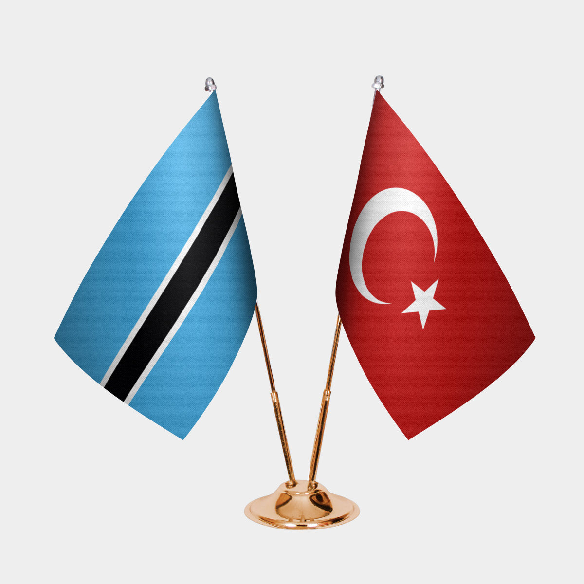 Botswana and Turkey desk flag set with gold pole and base