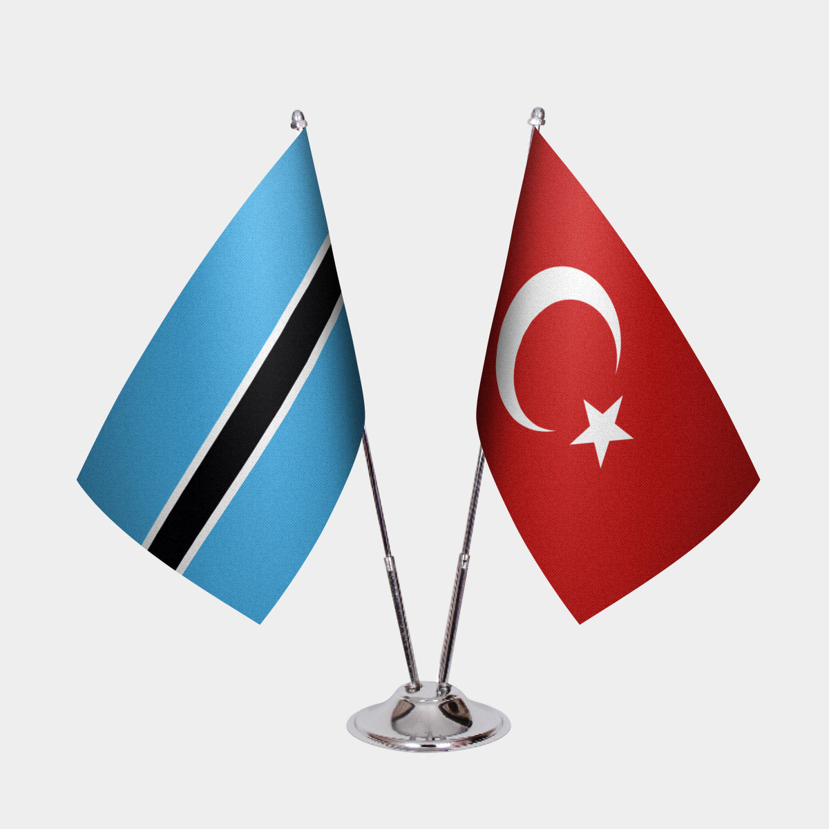 Botswana and Turkey desk flag set with chrome pole and base