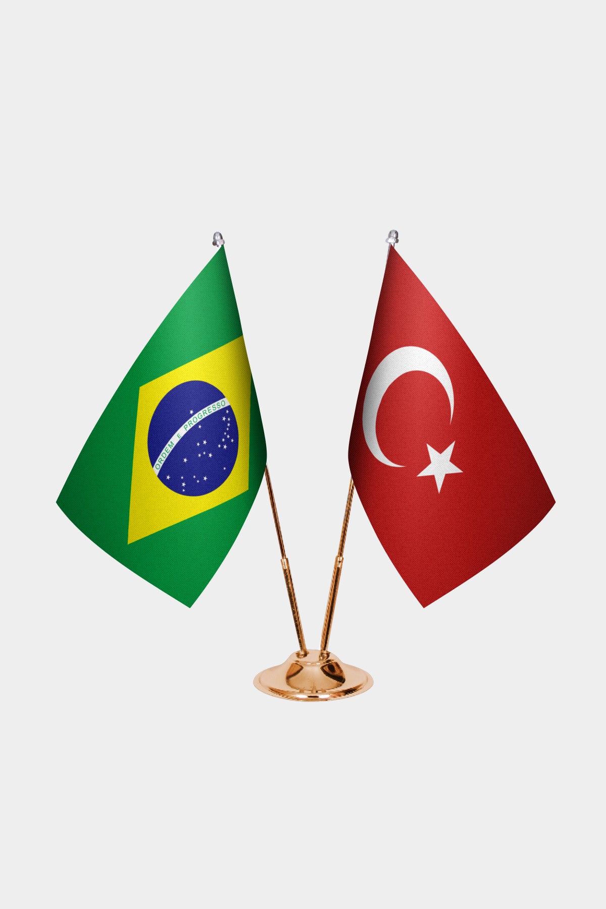 Brazil and Turkey desk flag set with gold pole and base