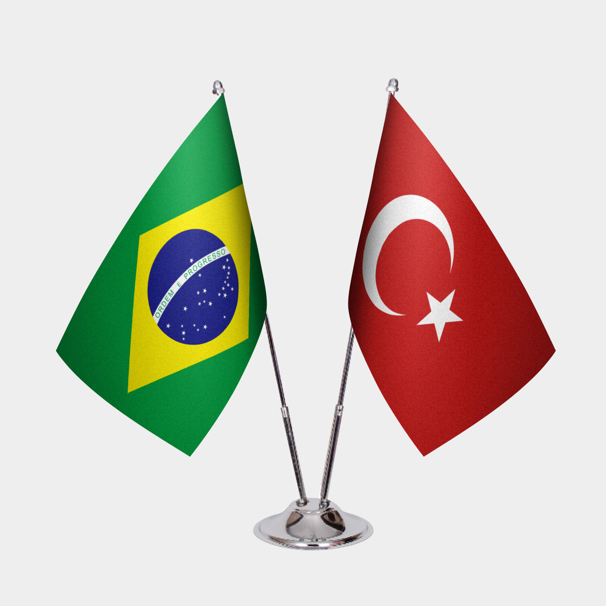 Brazil and Turkey desk flag set with chrome pole and base