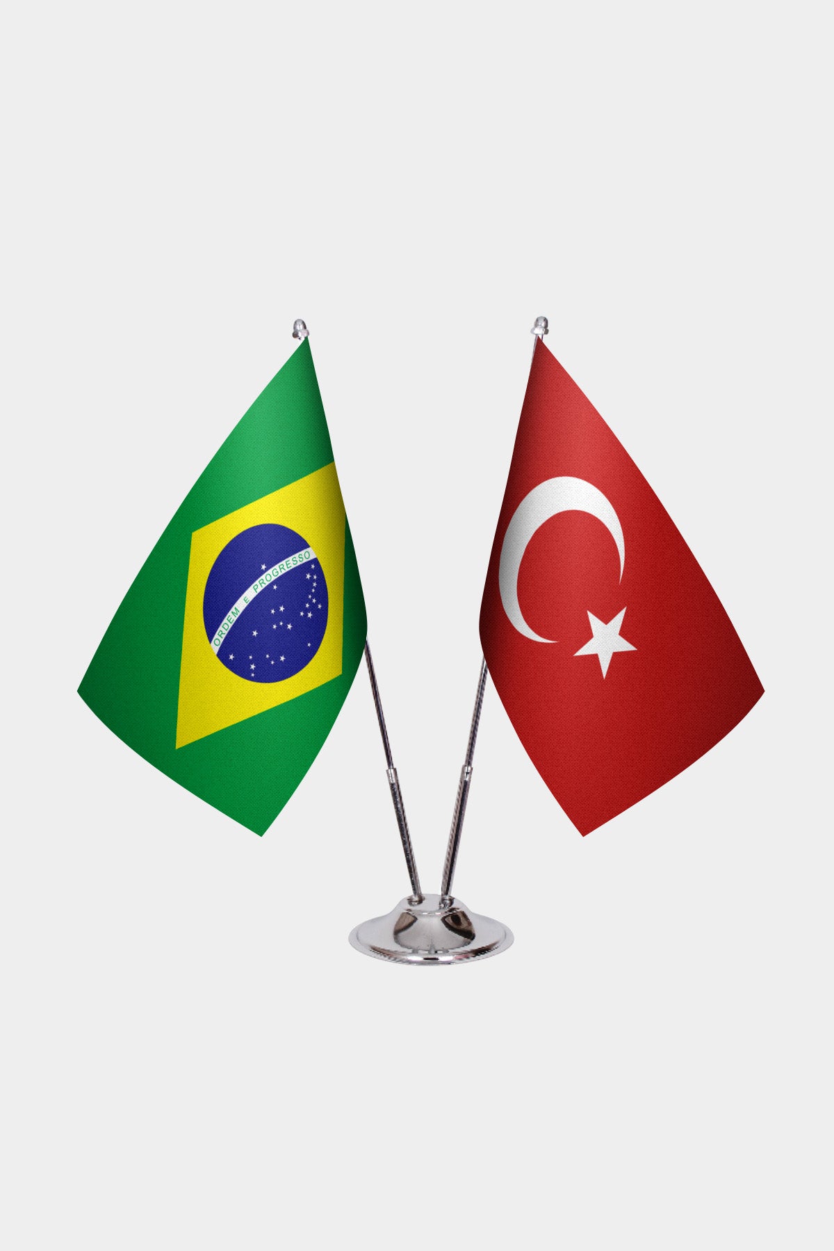 Brazil and Turkey desk flag set with chrome pole and base