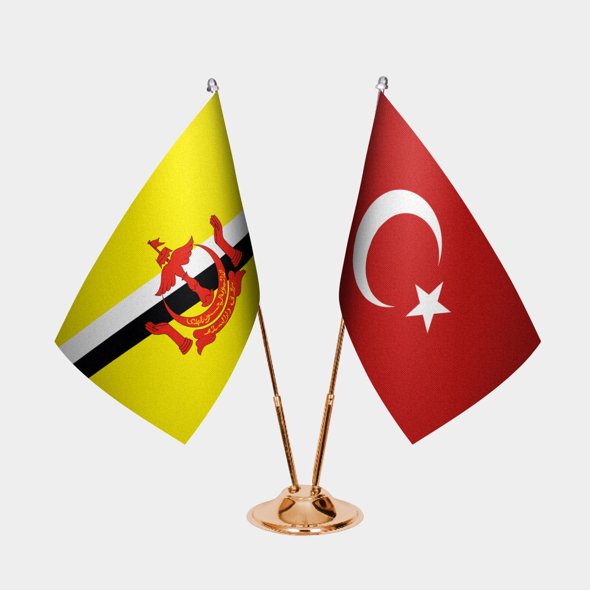 Brunei and Turkey desk flag set with gold pole and base