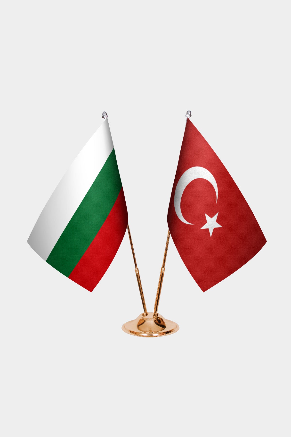 Bulgaria and Turkey desk flag set with gold pole and base