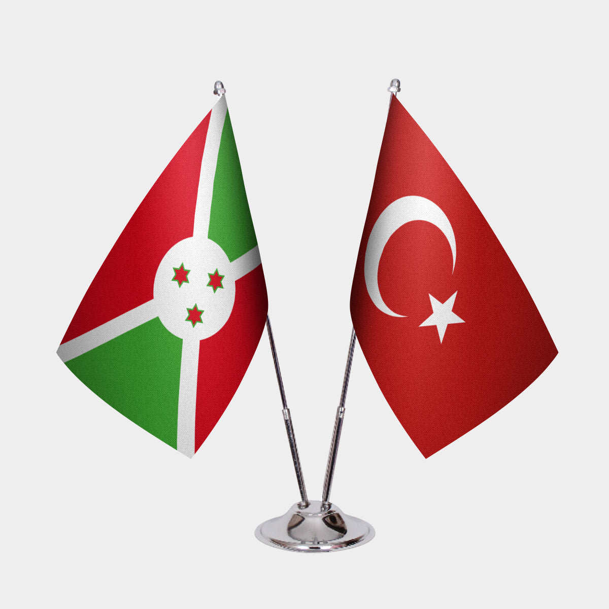 Burundi and Turkey desk flag set with chrome pole and base