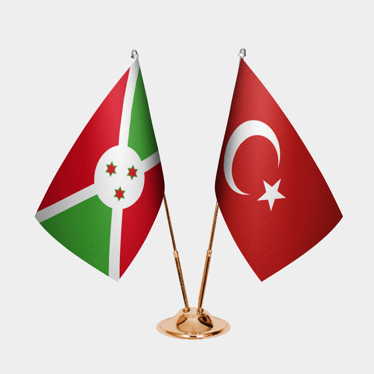 Burundi and Turkey desk flag set with gold pole and base