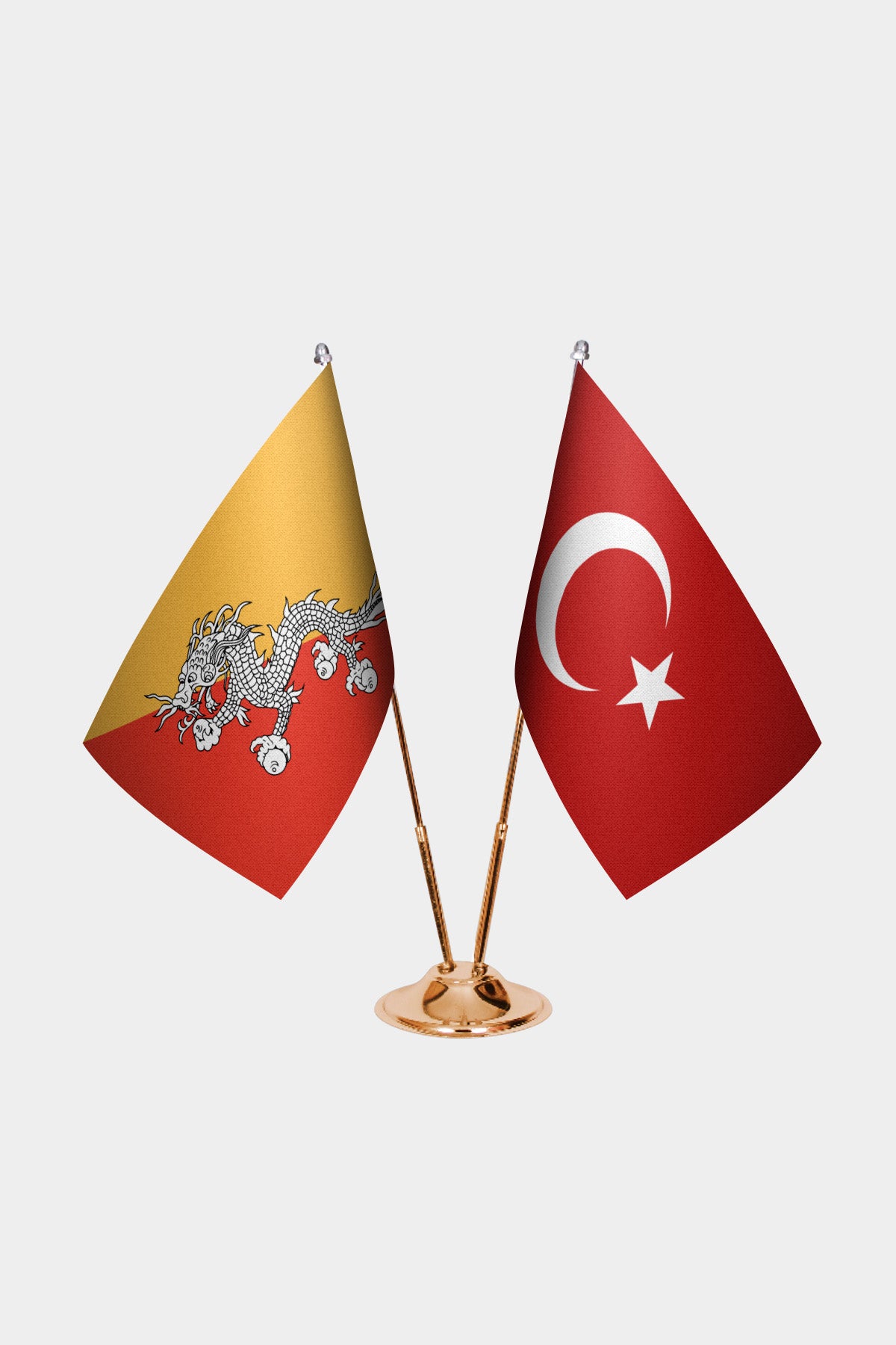 Bhutan and Turkey desk flag set with gold pole and base