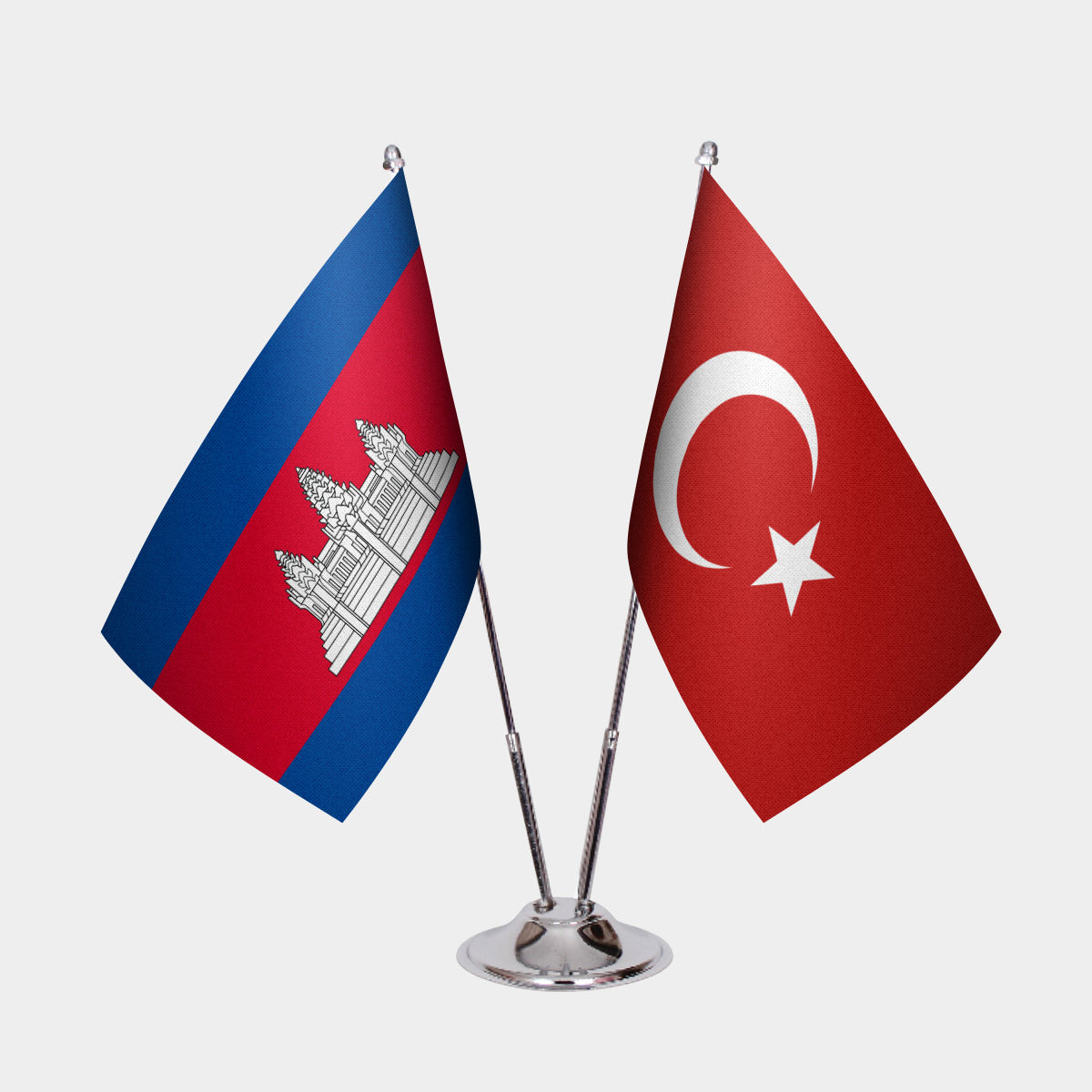 Cambodia and Turkey desk flag set with chrome pole and base
