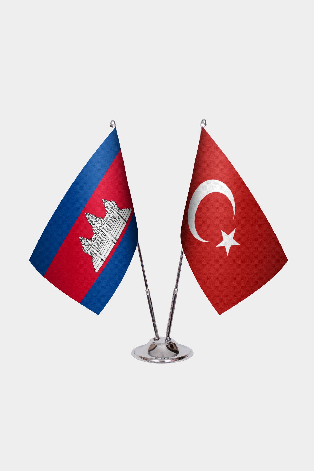 Cambodia and Turkey desk flag set with chrome pole and base