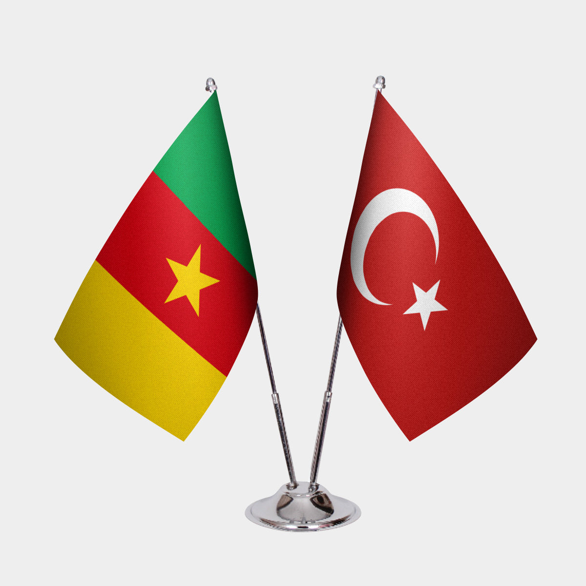 Cameroon and Turkey desk flag set with chrome pole and base
