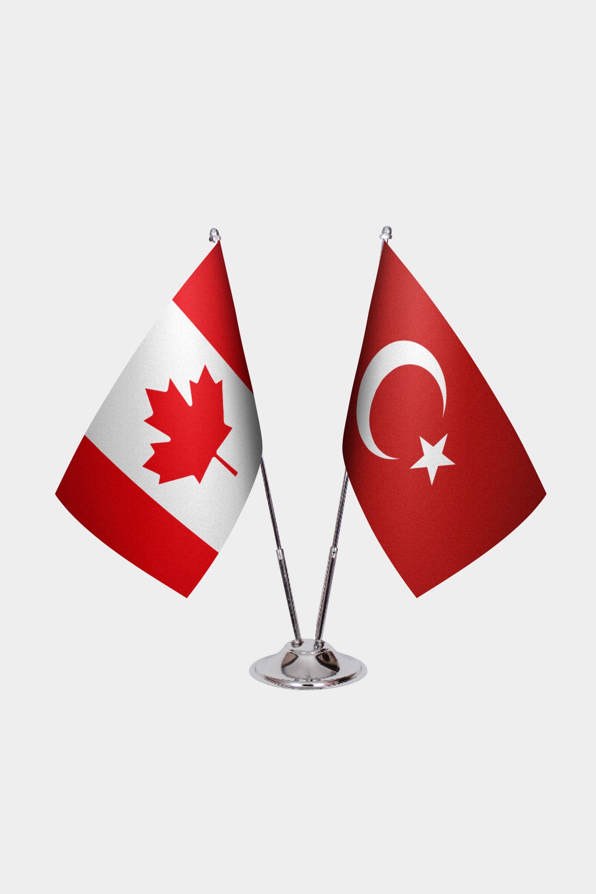 Canada and Turkey desk flag set with chrome pole and base