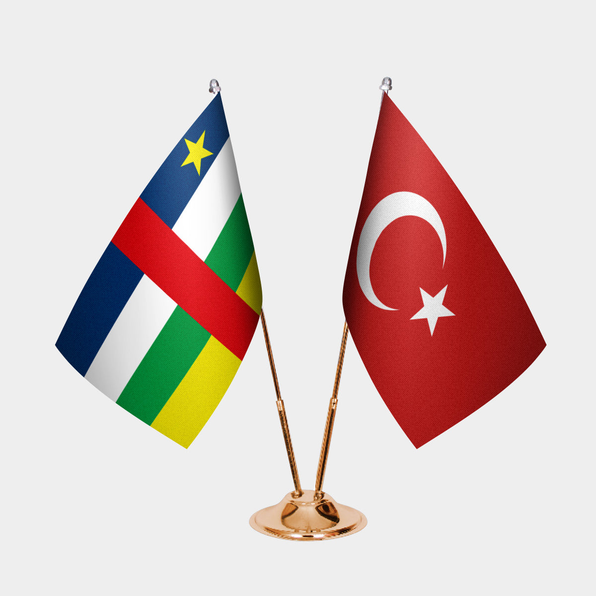 Central African Republic and Turkey desk flag set with gold pole and base