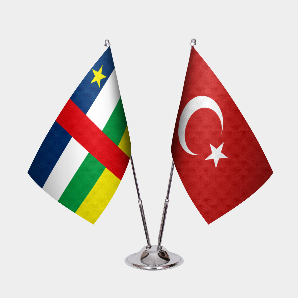 Central African Republic and Turkey desk flag set with chrome pole and base