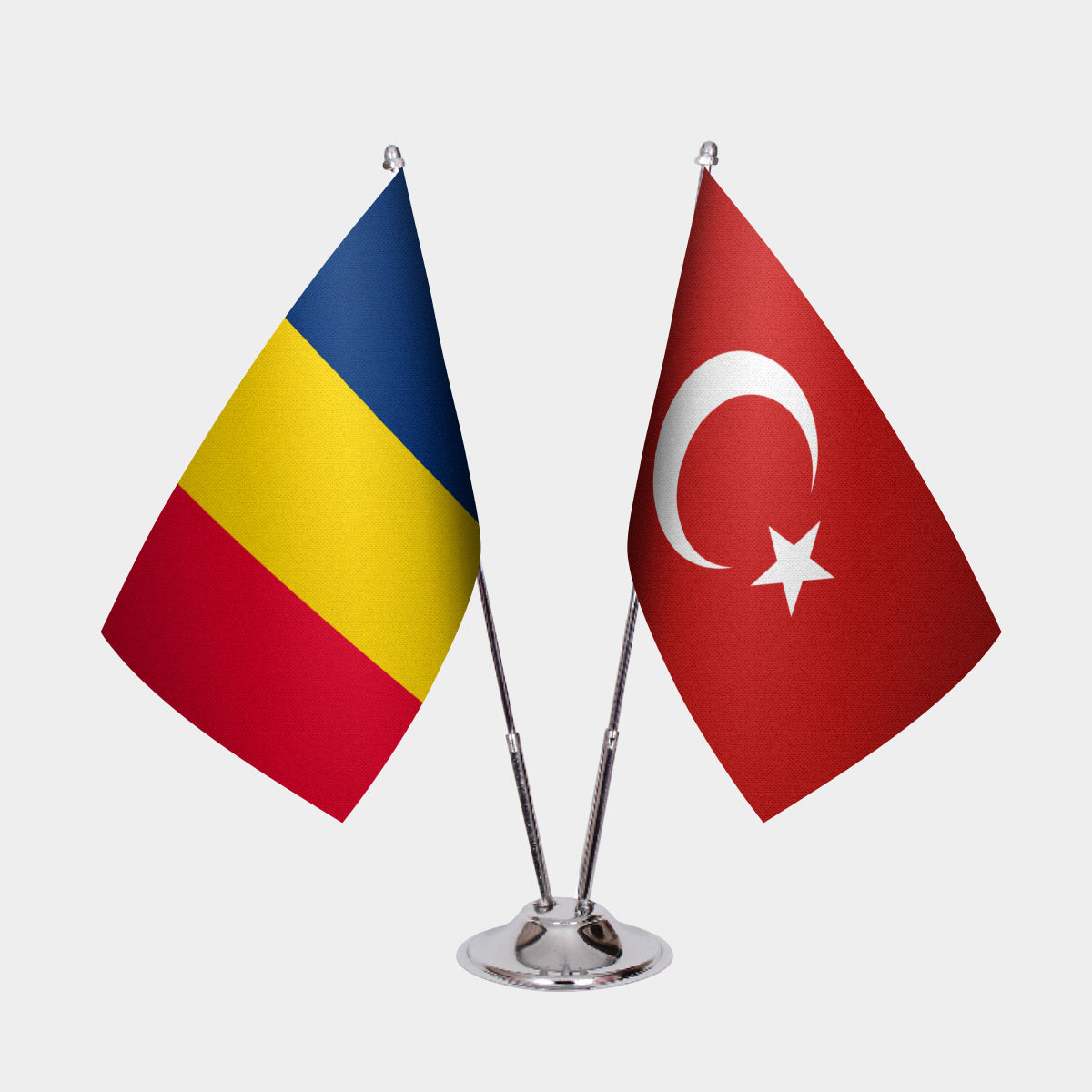 Chad and Turkey desk flag set with chrome pole and base