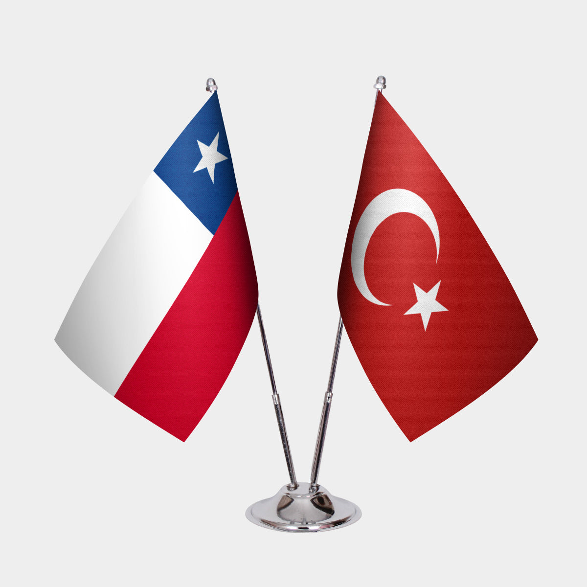 Chile and Turkey desk flag set with chrome pole and base