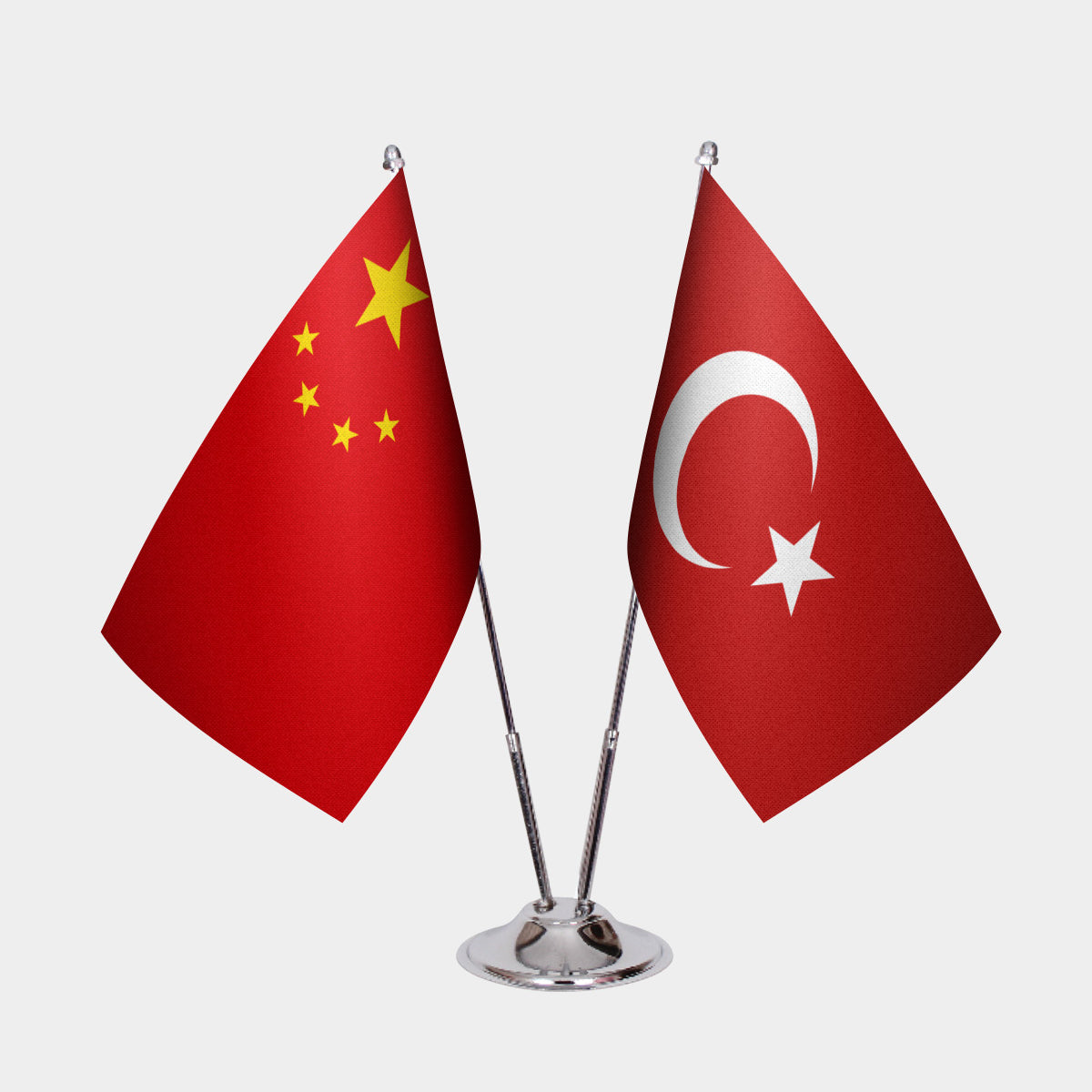 China and Turkey desk flag set with chrome pole and base