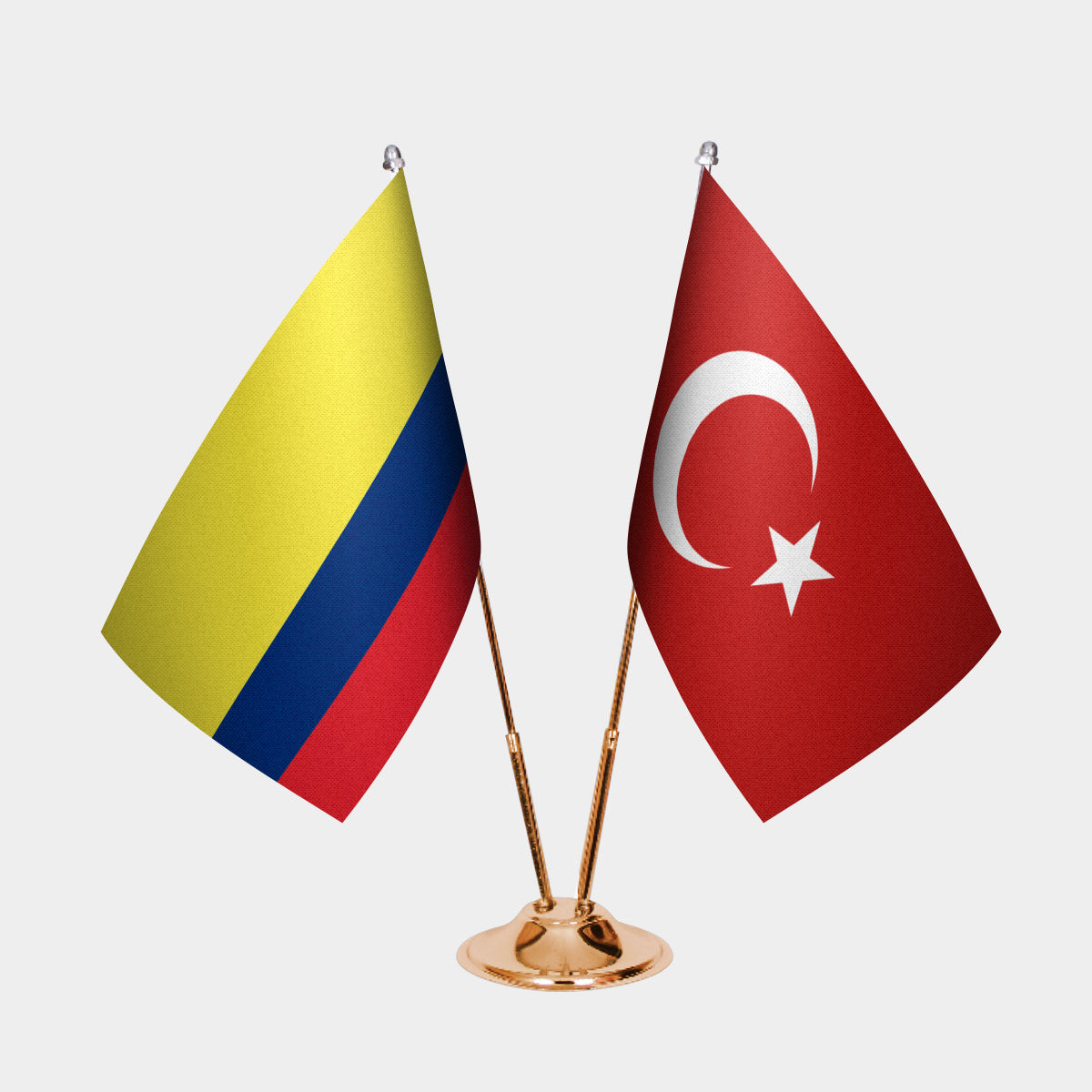 Colombia and Turkey desk flag set with gold pole and base