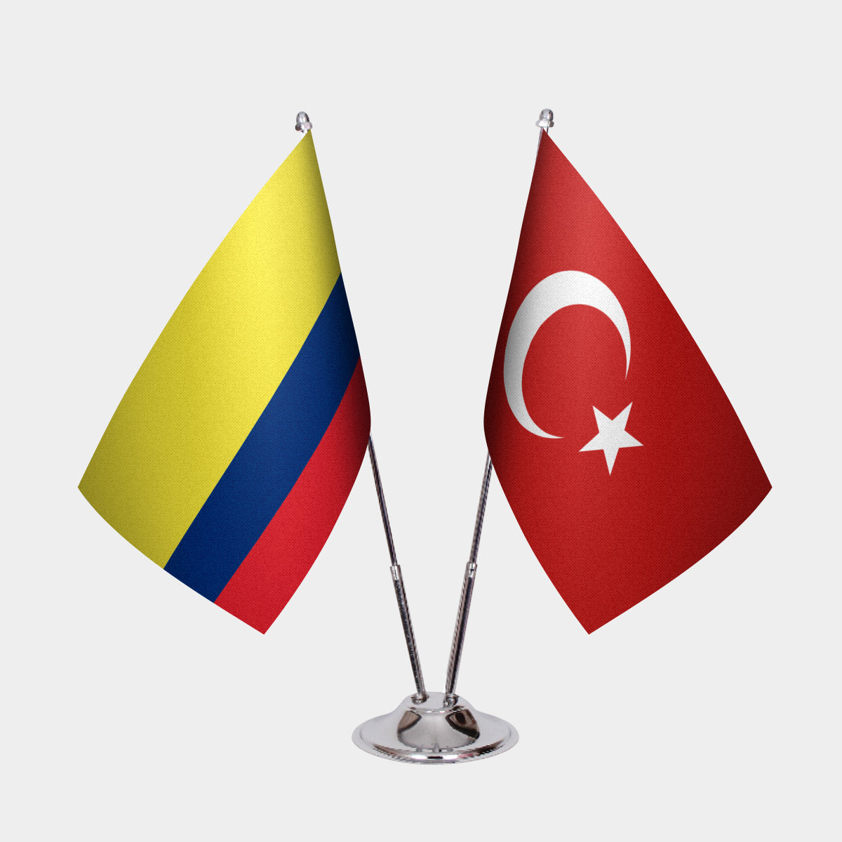 Colombia and Turkey desk flag set with chrome pole and base