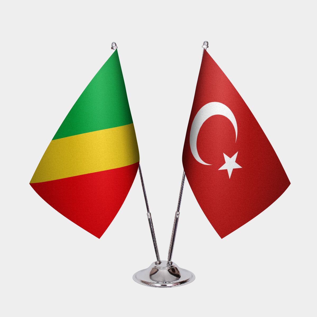 Congo - Brazzaville and Turkey desk flag set with chrome pole and base