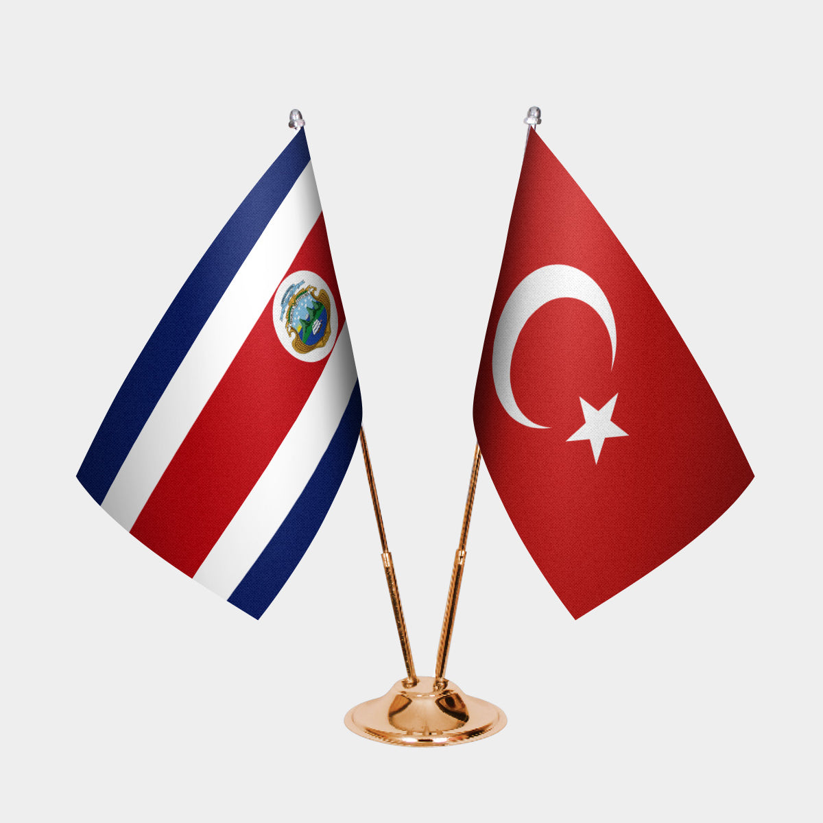 Costa Rica and Turkey desk flag set with gold pole and base