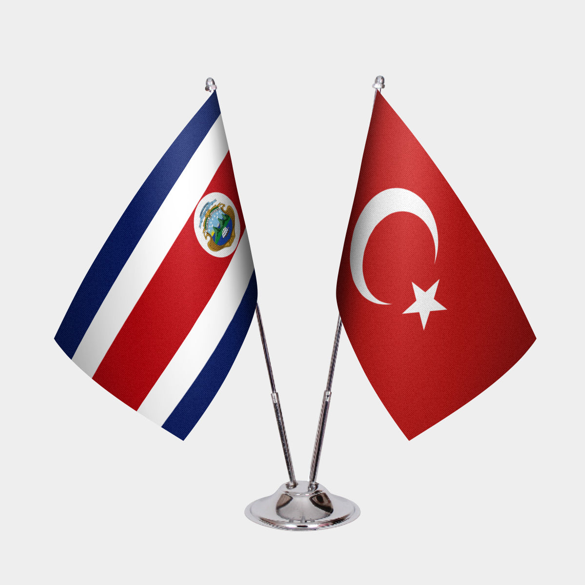 Costa Rica and Turkey desk flag set with chrome pole and base