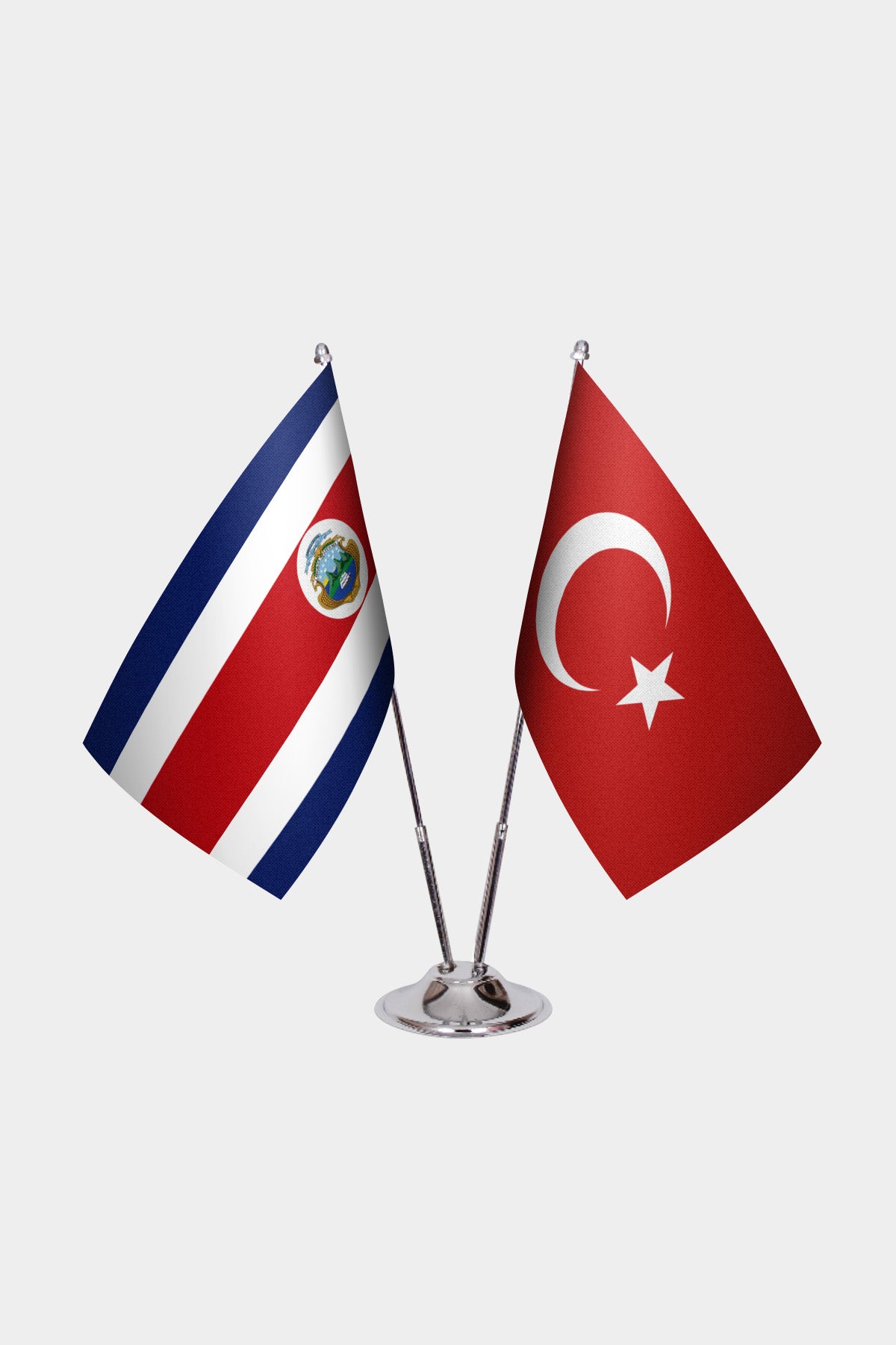 Costa Rica and Turkey desk flag set with chrome pole and base