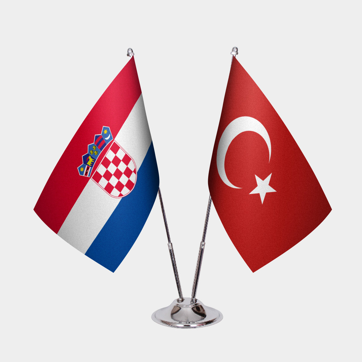 Croatia and Turkey desk flag set with chrome pole and base