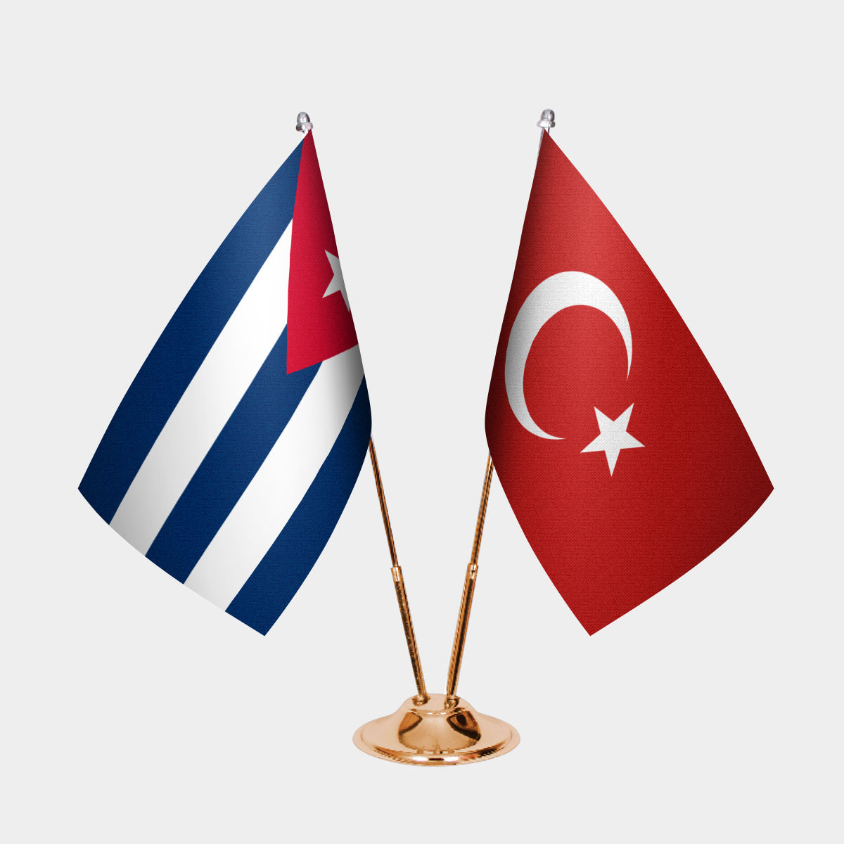 Cuba and Turkey desk flag set with gold pole and base