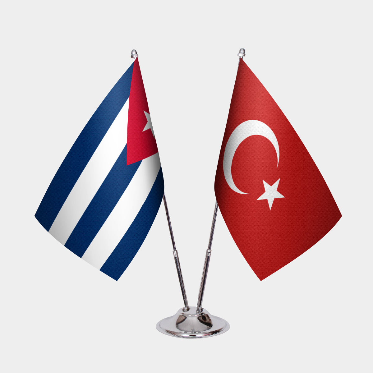 Cuba and Turkey desk flag set with chrome pole and base