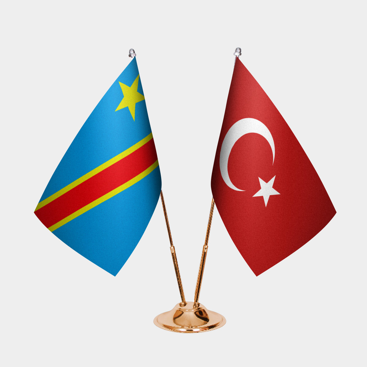 Congo - Kinshasa and Turkey desk flag set with gold pole and base