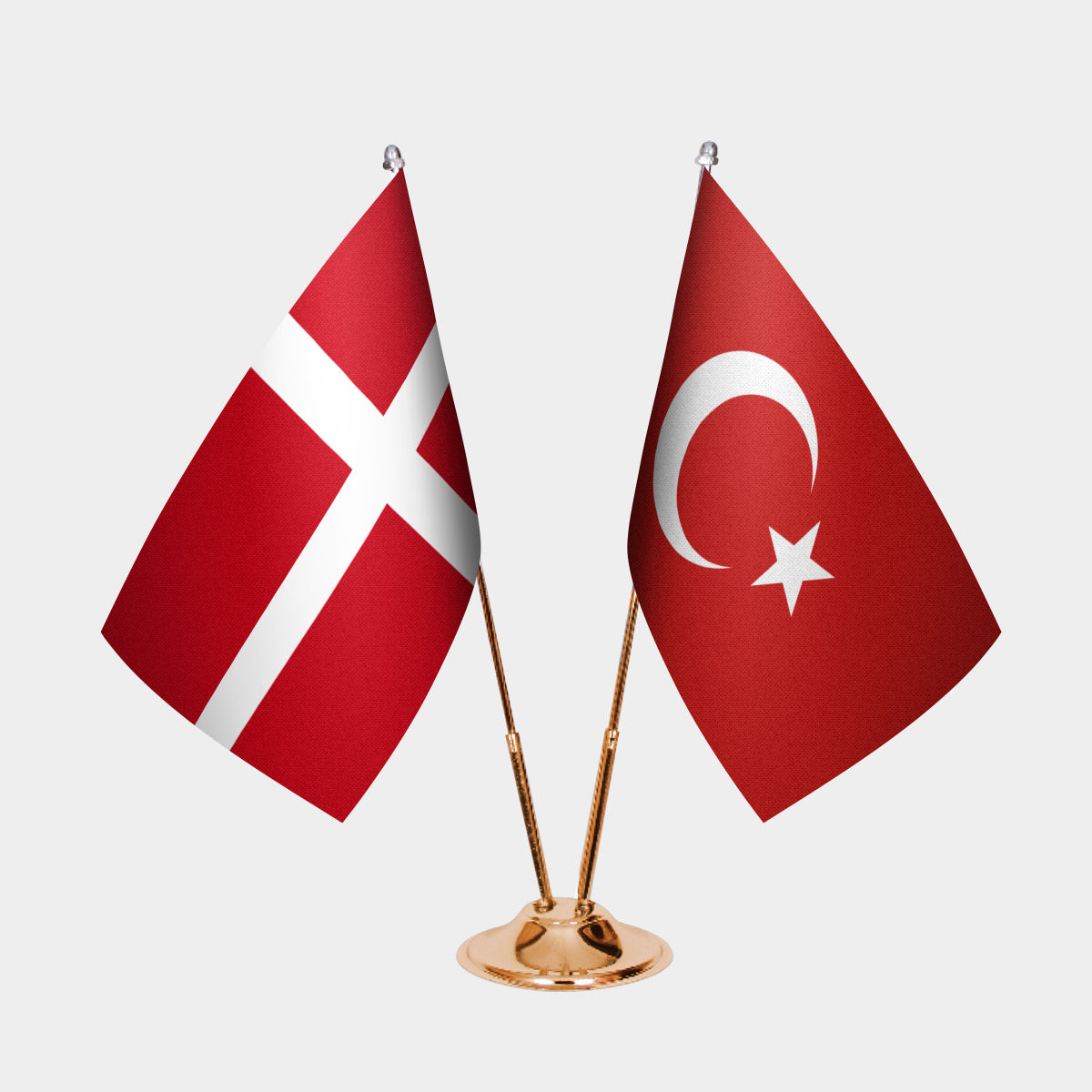 Denmark and Turkey desk flag set with gold pole and base