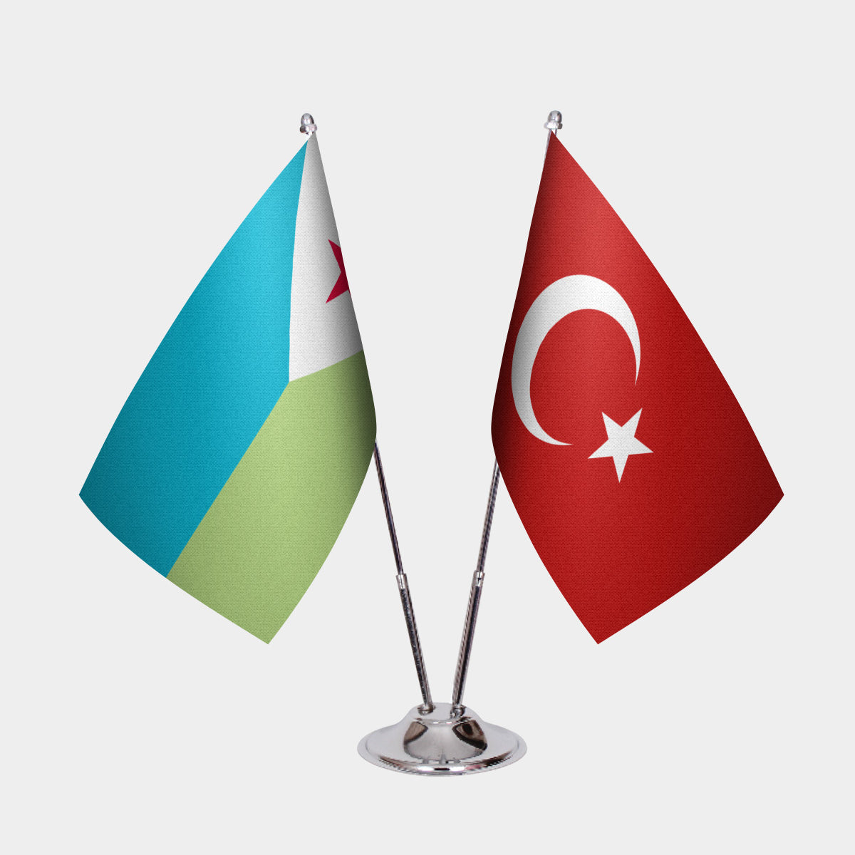 Djibouti and Turkey desk flag set with chrome pole and base