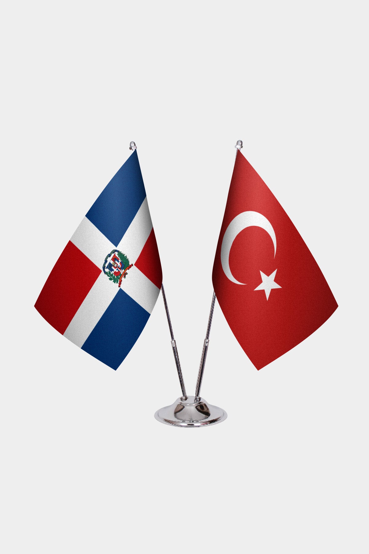 Dominican Republic and Turkey desk flag set with chrome pole and base
