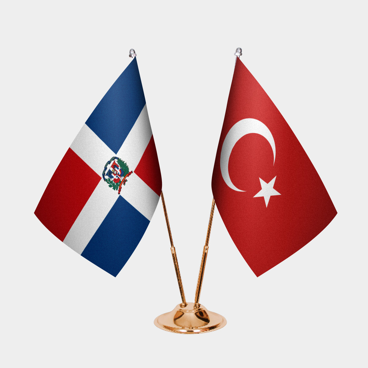 Dominican Republic and Turkey desk flag set with gold pole and base