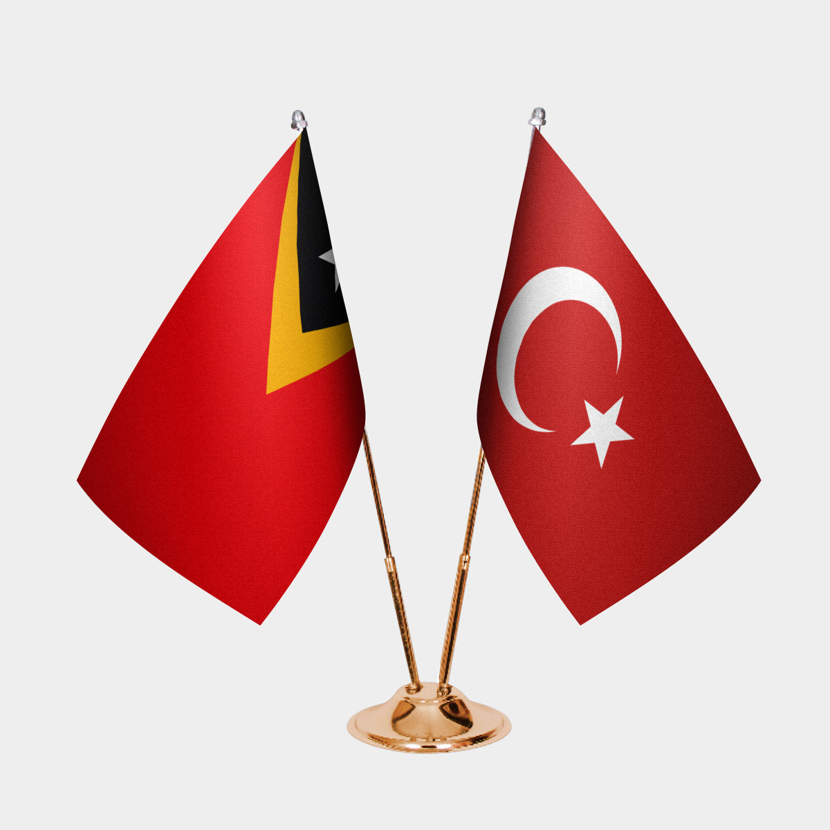 Timor-Leste and Turkey desk flag set with gold pole and base