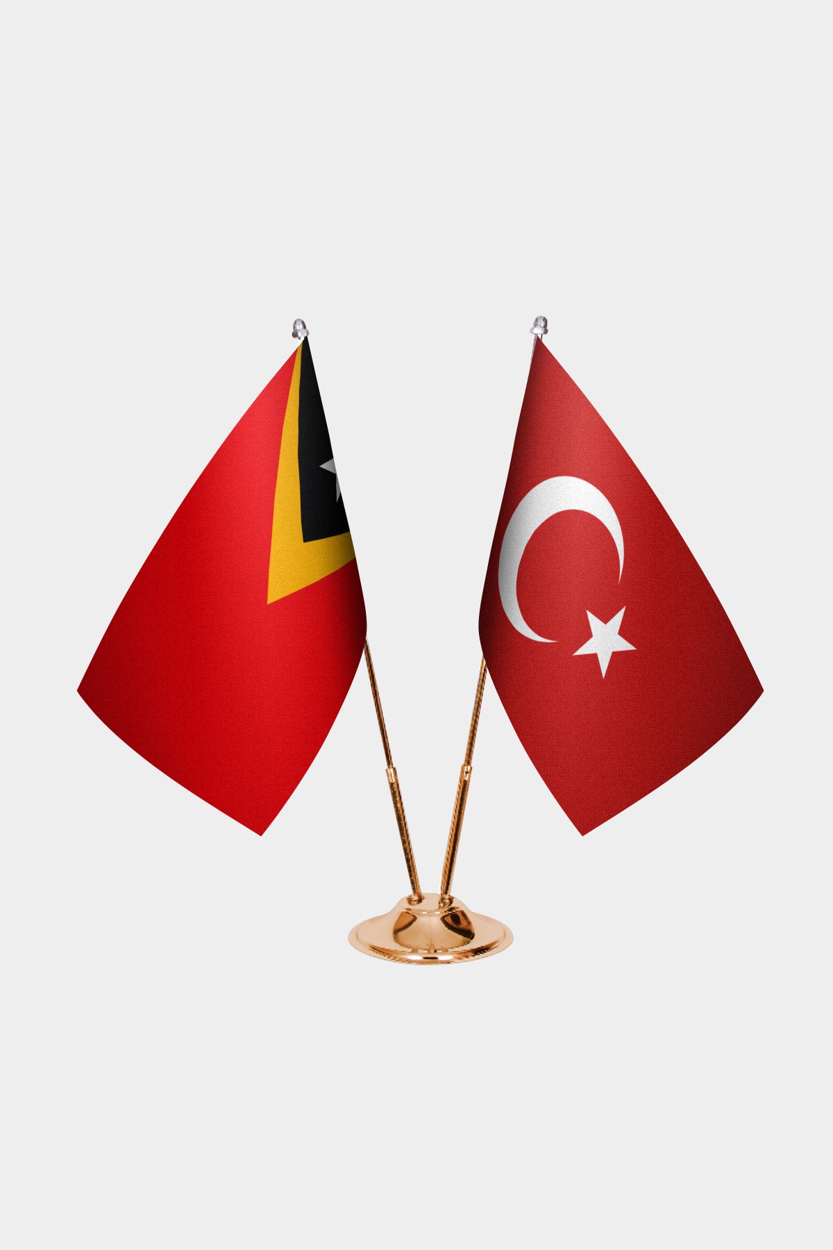 Timor-Leste and Turkey desk flag set with gold pole and base